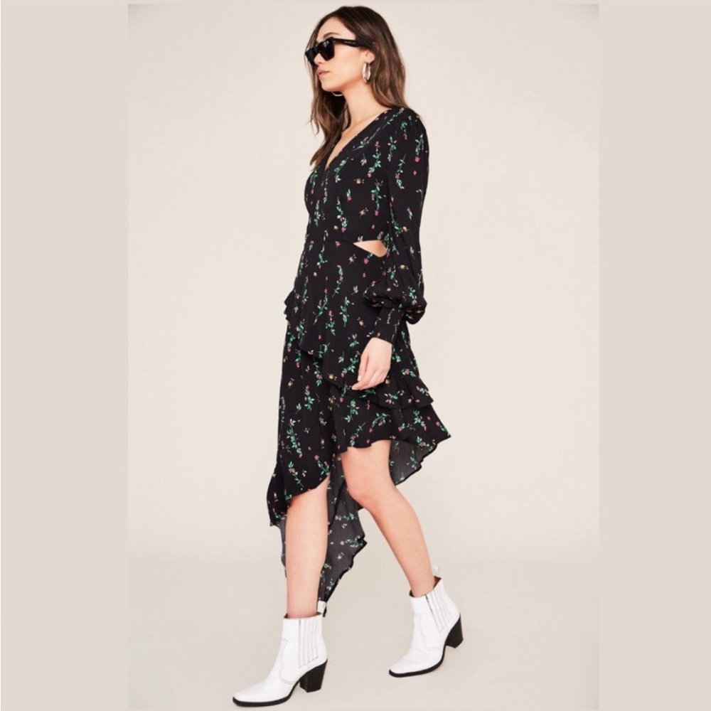 AFRM Cutout Puffy Sleeve Floral Asymmetrical Maxi Dress | Medium